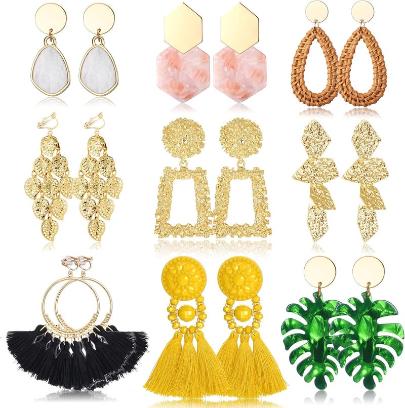 JeryWe 9 Pairs Clip on Earrings for Women Fashion Rattan Acrylic Tassel Drop Dangle Earrings Set Lightweight Geometric Statement Bohemian Clip Earrings for Non Piercied - Image 1